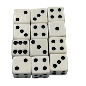 Set Of 12 White Dice With Black Dots For Board Games Or Crafts
